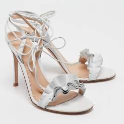 Pre Owned Gianvito Rossi Light Grey Leather Ruffled Ankle Wrap Sandals Size 38.5