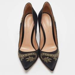 Pre Owned Gianvito Rossi Black Satin Dragon 100 Embroidered Pumps Size 38.5