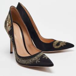 Pre Owned Gianvito Rossi Black Satin Dragon 100 Embroidered Pumps Size 38.5