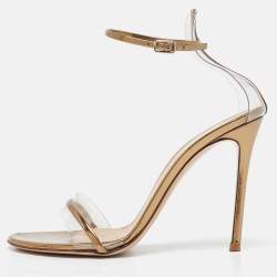 Pre Owned Gianvito Rossi Gold/Transparent Leather and PVC Ankle Strap Sandals Size 39.5
