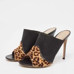 Gianvito Rossi Brown/Black Leopard Print Calf Hair and Fabric Mules Size 40.5
