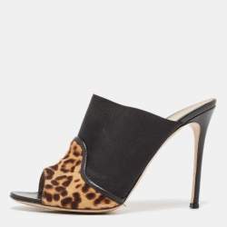 Gianvito Rossi Brown/Black Leopard Print Calf Hair and Fabric Mules Size 40.5