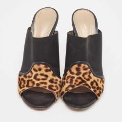 Gianvito Rossi Brown/Black Leopard Print Calf Hair and Fabric Mules Size 40.5
