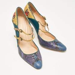 Pre Owned Gianvito Rossi Green/Yellow Leather and Python Leather Pointed Toe Pumps Size 39