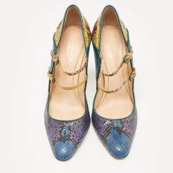 Pre Owned Gianvito Rossi Green/Yellow Leather and Python Leather Pointed Toe Pumps Size 39