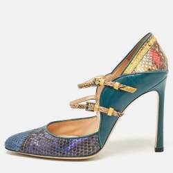 Pre Owned Gianvito Rossi Green/Yellow Leather and Python Leather Pointed Toe Pumps Size 39