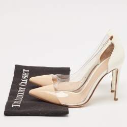 Gianvito Rossi Beige/White Patent Leather And PVC Plexi Pointed Toe Pumps Size 38
