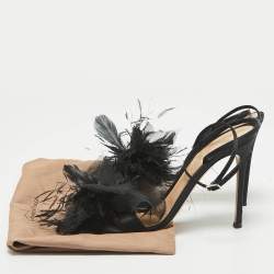 Pre Owned Gianvito Rossi Black Satin and Feather Flower Ankle Strap Sandals Size 40