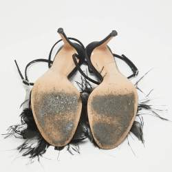 Pre Owned Gianvito Rossi Black Satin and Feather Flower Ankle Strap Sandals Size 40