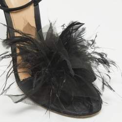 Pre Owned Gianvito Rossi Black Satin and Feather Flower Ankle Strap Sandals Size 40