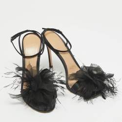 Pre Owned Gianvito Rossi Black Satin and Feather Flower Ankle Strap Sandals Size 40