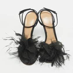 Pre Owned Gianvito Rossi Black Satin and Feather Flower Ankle Strap Sandals Size 40