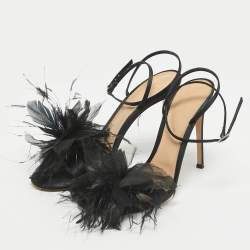 Pre Owned Gianvito Rossi Black Satin and Feather Flower Ankle Strap Sandals Size 40
