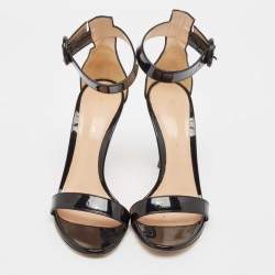 Gianvito Rossi Black Patent Leather Portofino Ankle Strap Sandals Size 37