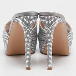 Pre Owned Gianvito Rossi Silver Satin Crystal Embellished Platform Slide Sandals Size 40