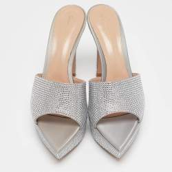 Pre Owned Gianvito Rossi Silver Satin Crystal Embellished Platform Slide Sandals Size 40
