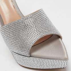 Pre Owned Gianvito Rossi Silver Satin Crystal Embellished Platform Slide Sandals Size 40