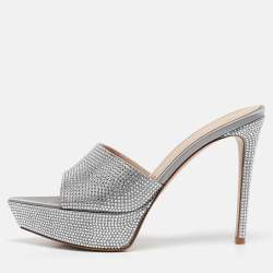 Pre Owned Gianvito Rossi Silver Satin Crystal Embellished Platform Slide Sandals Size 40