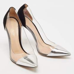 Gianvito Rossi Silver/Black Leather and PVC Plexi Pointed Toe Pumps Size 38