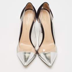 Gianvito Rossi Silver/Black Leather and PVC Plexi Pointed Toe Pumps Size 38