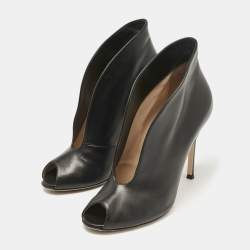 Gianvito Rossi Black Leather Peep Toe Vamp Ankle Boots Size 37