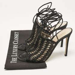 Gianvito Rossi Black Crochet and Suede Ankle Wrap Mules Size 37.5