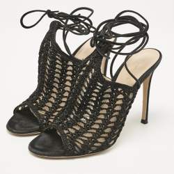 Gianvito Rossi Black Crochet and Suede Ankle Wrap Mules Size 37.5