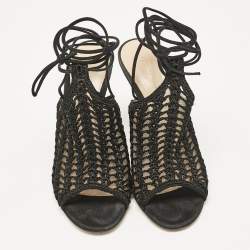 Gianvito Rossi Black Crochet and Suede Ankle Wrap Mules Size 37.5