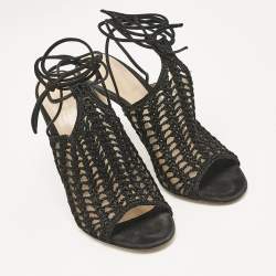 Gianvito Rossi Black Crochet and Suede Ankle Wrap Mules Size 37.5