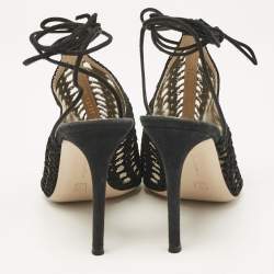 Gianvito Rossi Black Crochet and Suede Ankle Wrap Mules Size 37.5