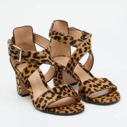 Pre Owned Gianvito Rossi Brown Leopard Print Calf Hair Ankle Strap Sandals Size 37