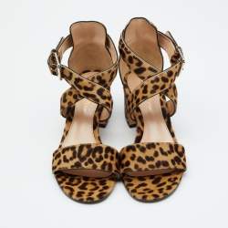 Pre Owned Gianvito Rossi Brown Leopard Print Calf Hair Ankle Strap Sandals Size 37