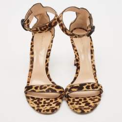 Pre Owned Gianvito Rossi Beige/Brown Leopard Print Calf Hair Portofino Ankle-Strap Sandals Size 41