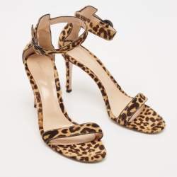 Pre Owned Gianvito Rossi Beige/Brown Leopard Print Calf Hair Portofino Ankle-Strap Sandals Size 41