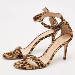 Pre Owned Gianvito Rossi Beige/Brown Leopard Print Calf Hair Portofino Ankle-Strap Sandals Size 41