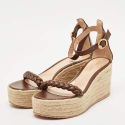 Pre Owned Gianvito Rossi Brown Braided Leather Merida Espadrille Wedge Sandals Size 41