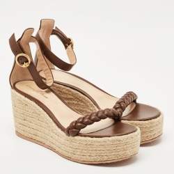 Pre Owned Gianvito Rossi Brown Braided Leather Merida Espadrille Wedge Sandals Size 41