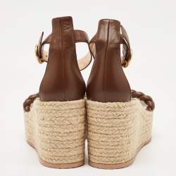 Pre Owned Gianvito Rossi Brown Braided Leather Merida Espadrille Wedge Sandals Size 41