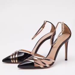 Pre Owned Gianvito Rossi Black Patent Leather Metallic Trim Ankle Strap Sandals Size 39.5