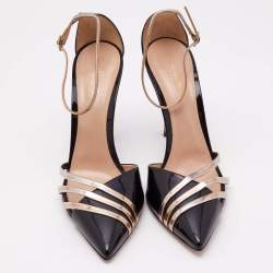 Pre Owned Gianvito Rossi Black Patent Leather Metallic Trim Ankle Strap Sandals Size 39.5