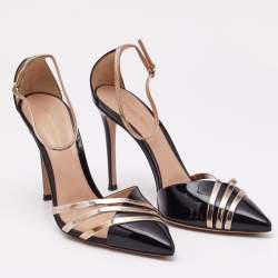 Pre Owned Gianvito Rossi Black Patent Leather Metallic Trim Ankle Strap Sandals Size 39.5