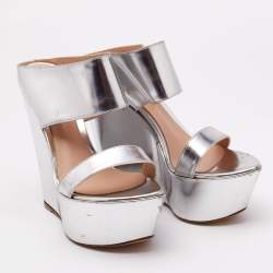 Gianvito Rossi Silver Leather Platform Wedge Sandals Size 36