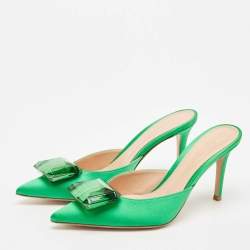 Gianvito Rossi Green Satin Jaipur Crystal Pointed Toe Mules Size 39