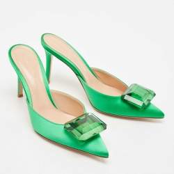 Gianvito Rossi Green Satin Jaipur Crystal Pointed Toe Mules Size 39