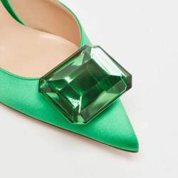 Gianvito Rossi Green Satin Jaipur Crystal Pointed Toe Mules Size 39