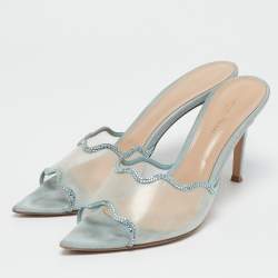 Pre Owned Gianvito Rossi Blue Suede and PVC Crystal Elle Slide Sandals Size 40