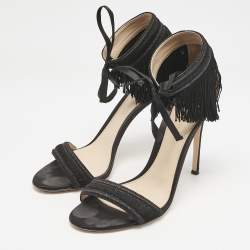 Gianvito Rossi Black Fabric and Satin Fringe Ankle Strap Sandals Size 39.5