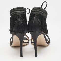 Gianvito Rossi Black Fabric and Satin Fringe Ankle Strap Sandals Size 39.5