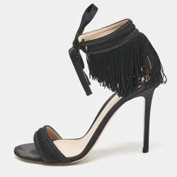 Gianvito Rossi Black Fabric and Satin Fringe Ankle Strap Sandals Size 39.5