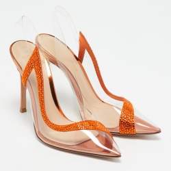 Pre Owned Gianvito Rossi Transparent/Orange PVC and Suede Embellished Hortensia Pumps Size 36.5